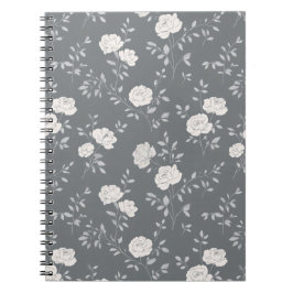 Caderno Espiral Padrão Floral Minimalista Cinza Rosa Branco Suave