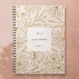Caderno Espiral Padrão Floral Minimalista Moderno Dourado e Creme