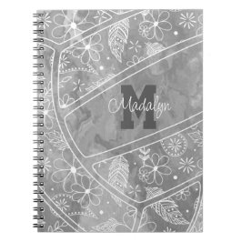 Caderno Espiral padrão floral paisley feather no voleibol de cinza