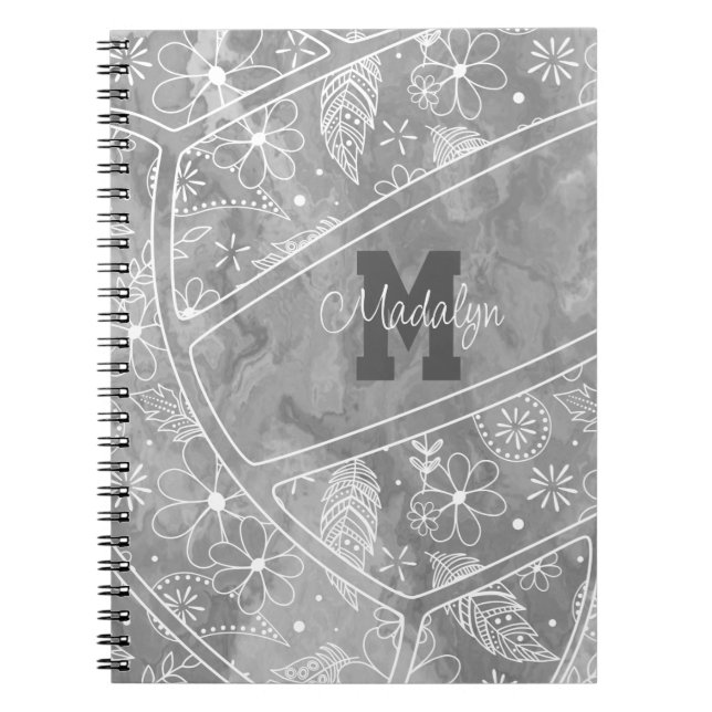 Caderno Espiral padrão floral paisley feather no voleibol de cinza (Frente)