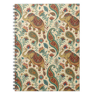 Caderno Espiral Padrão Floral Paisley Tradicional de Elefante Indi