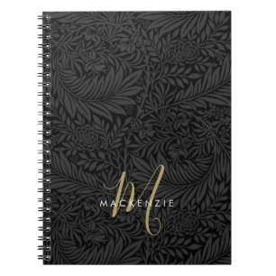 Caderno Espiral Padrão Floral Preto Monograma de Ouro Elegante