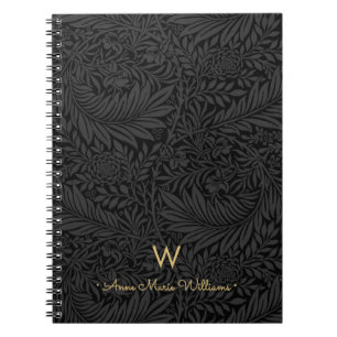 Caderno Espiral Padrão Floral Preto Monograma Nome Dourado Elegant