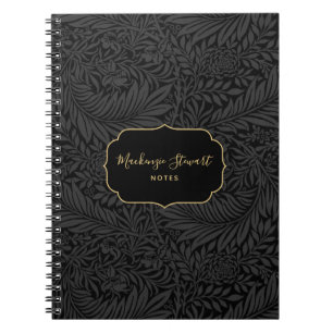 Caderno Espiral Padrão Floral Preto Nome Personalizado Elegante