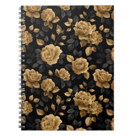 Caderno Espiral Padrão Floral Preto Rosa Acento Ouro Elegante