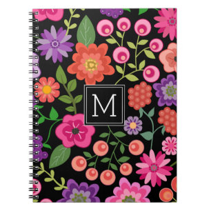 Caderno Espiral Padrão Floral Preto Trendy com Monograma Personali