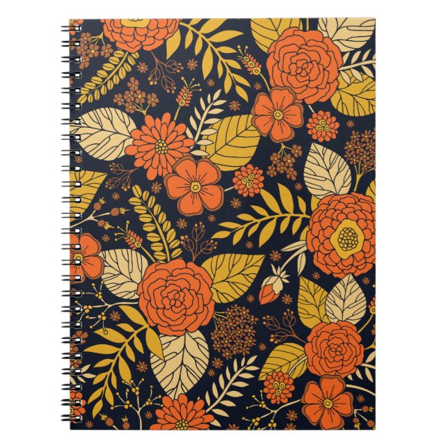 Caderno Espiral Padrão Floral Retro Laranja, Amarelo, Marrom e Mar (Frente)
