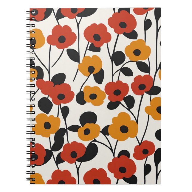 Caderno Espiral Padrão Floral Retroativo Negrito Vermelho, Laranja (Frente)