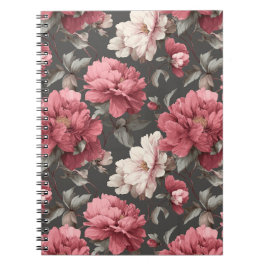 Caderno Espiral Padrão Floral Romântico Poeira Rosa Peônia Cinza
