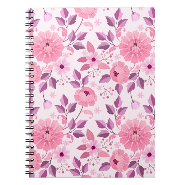 Caderno Espiral Padrão Floral Rosa com Flores Elegantes (Frente)