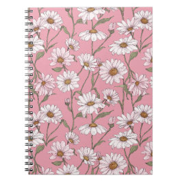 Caderno Espiral Padrão Floral Rosa Desenhado à Mão com Margaridas 