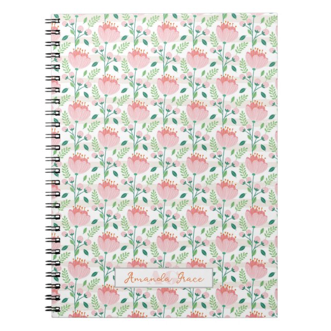 Caderno Espiral Padrão floral rosa e laranja (Frente)