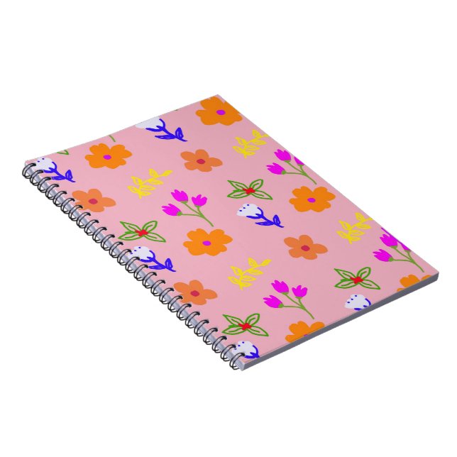 Caderno Espiral Padrão Floral Rosa - Flor Elegante Desenhado À Mão (Lado Direito)