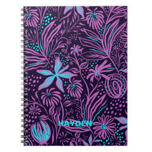 Caderno Espiral Padrão Floral Roxo Moderno Escuro Personalizado