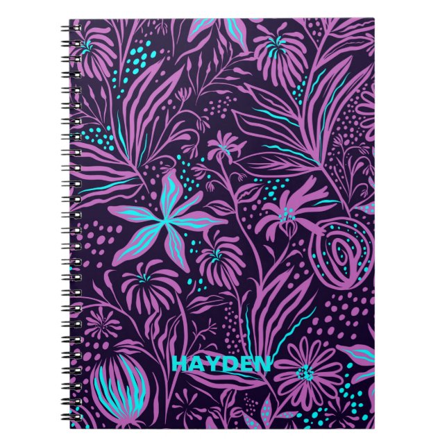 Caderno Espiral Padrão Floral Roxo Moderno Escuro Personalizado (Frente)