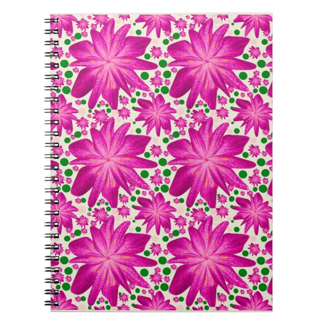 Caderno Espiral Padrão Floral Seamless Rosa Quente (Frente)