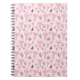 Caderno Espiral Padrão Floral Sem Costura com Fita Rosa Fofa