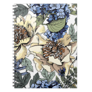 Caderno Espiral Padrão floral sem costura. Hydrangea, Peony, wildf