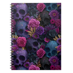 Caderno Espiral Padrão Floral Sombrio de Caveira Sem Costura