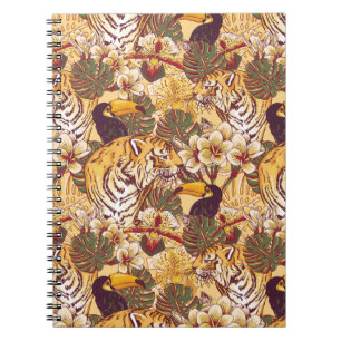 Caderno Espiral Padrão Floral Tropical Com Tigre