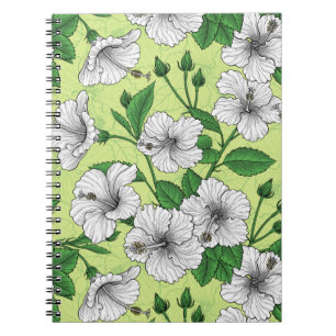 Caderno Espiral Padrão Floral Tropical de Hibisco Branco
