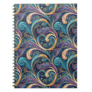Caderno Espiral Padrão Floral Turbilhão Dourado e Barroco Roxo