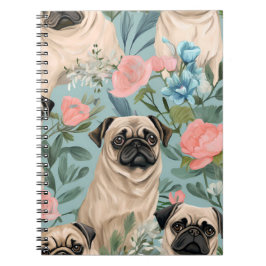Caderno Espiral Padrão Floral Vintage Pug Cachorro Botânico Fofo 