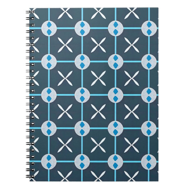 Caderno Espiral Padrão Geométrico Abstrato Azul e Branco (Frente)