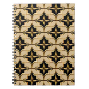 Caderno Espiral Padrão Geométrico Elegante em Dourado e Preto