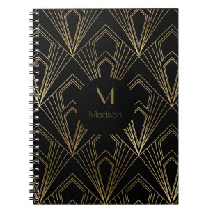 Caderno Espiral Padrão Geométrico Preto e Dourado Art Déco