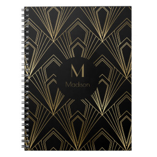 Caderno Espiral Padrão Geométrico Preto e Dourado Art Déco