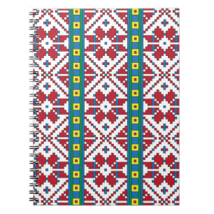 Caderno Espiral Padrão geométrico tribal vermelho, azul e estrela 
