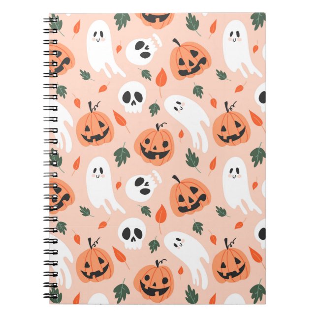 Caderno Espiral Padrão Ghost e Jack-O-Lanterna Bonito (Frente)