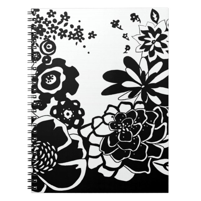 Caderno Espiral Padrão Gráfico do Jardim Floral Negro e Branco (Frente)