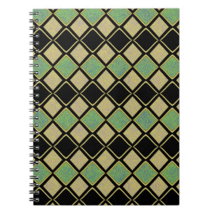 Caderno Espiral Padrão Harlequim em Dourado, Verde e Preto