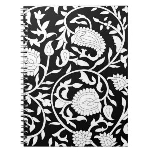 Caderno Espiral Padrão índio tradicional de paisley em preto e wh