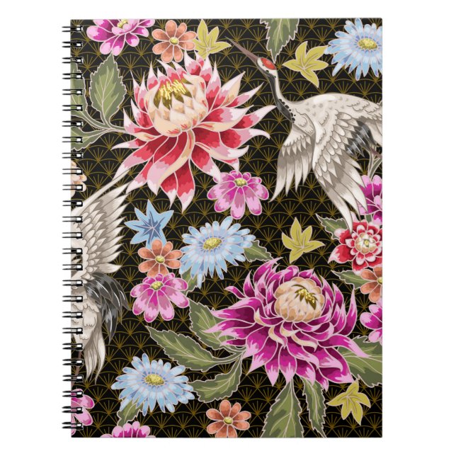 Caderno Espiral Padrão japonês com flores e gruas brancas (Frente)