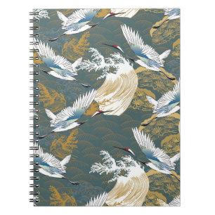 Caderno Espiral Padrão Japonês De Vintage Crane Birds