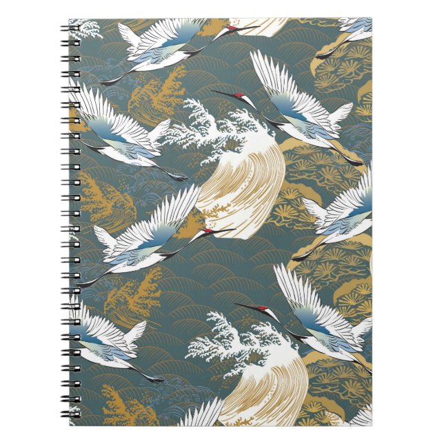 Caderno Espiral Padrão Japonês De Vintage Crane Birds (Frente)