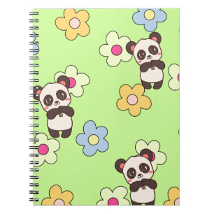 Caderno Espiral Padrão Kawaii de Panda Fofo & Flor