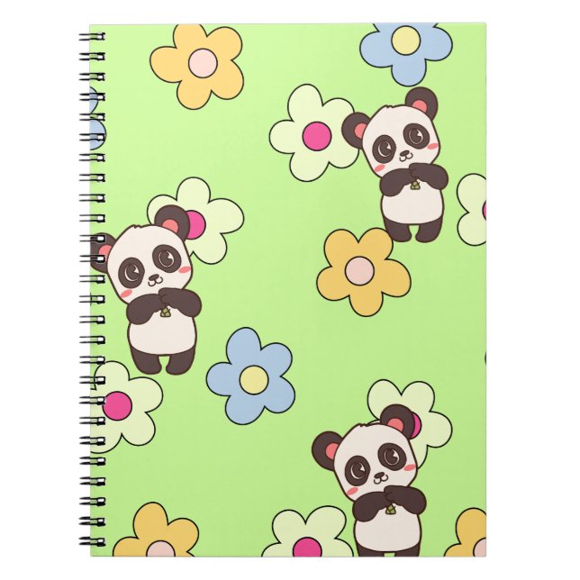 Caderno Espiral Padrão Kawaii de Panda Fofo & Flor (Frente)
