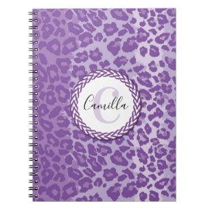 Caderno Espiral Padrão Leopardo Roxo com Monograma e Nome Personal