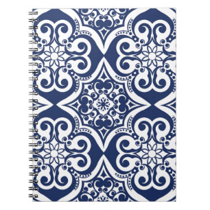 Caderno Espiral Padrão marroquino azul e branco