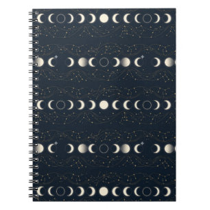 Caderno Espiral Padrão Minimalista de Fases Lunares com Estrelas e