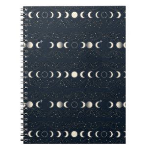 Caderno Espiral Padrão Minimalista de Fases Lunares com Estrelas e