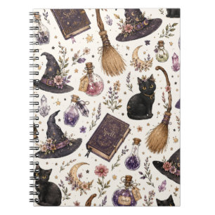 Caderno Espiral Padrão Místico de Halloween com Gatas Pretas