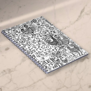 Caderno Espiral Padrão moderno de Pássaros Brancos e Pretos