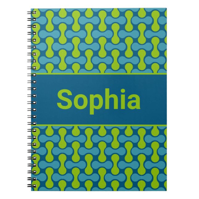 Caderno Espiral Padrão Moderno Retro Link em Azul e Verde (Frente)