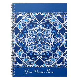 Caderno Espiral Padrão Mosaico em Azul Índigo e Cobalto