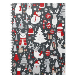 Caderno Espiral Padrão natalino papais noeis de neve cinza decadên